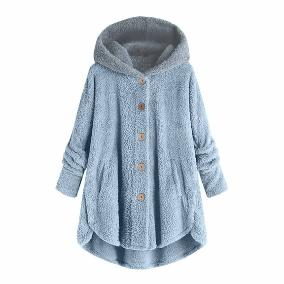 ylioge Womens Fleece Sherpa Jackets & Coats Plus Size S-5XL with Hoodie Ladies Casual Button-Down Long Sleeve Loose Warm Outerwear Jacket