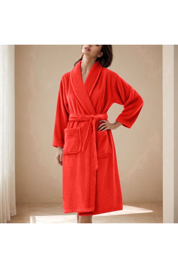 Womens Mens Bath Robes with Pockets and Belt Fleece Bathrobes Unisex Couples Long Sleeve Solid Collared Mid Length Thermal Warm Homewear Robe