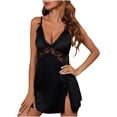 thumbnail image 1 of ylioge Womens Mini Nightgowns Trendy Lace Splice Deep V Neck Silk Dresses Ladies Solid Spaghetti Strap Side Slit Homewear Sleepshirts Summer, 1 of 4