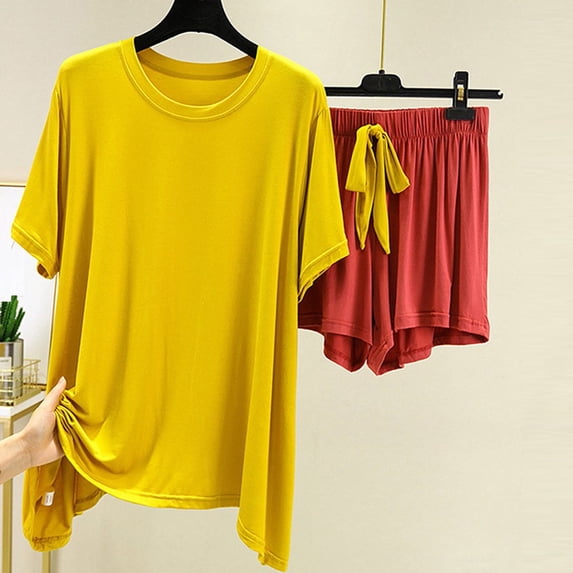 ylioge Womens Modal-Pajama Sets 2 Piece Lightweight Loungewear Outfits Casual Solid Color Short Sleeve Tops and Wide Leg Shorts Soft Homewear Pajamas