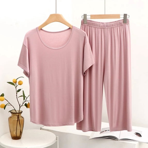 ylioge Womens Modal-Pajama Sets 2 Piece Short Sleeve Tops Wide Leg Pants Casual Lightweight Solid Color Soft Loungewear Sleepwear Pajamas Outfits Set