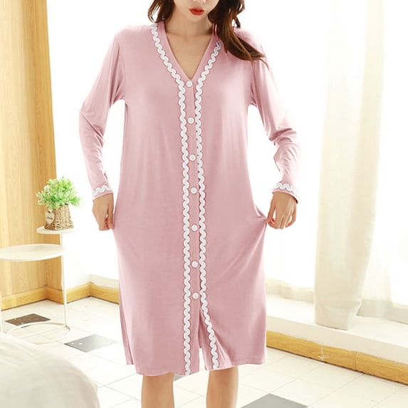 ylioge Womens Modal Robes Long Sleeve Button-Down V Neck Nightgowns Ladies Casual Color Block Loose Comfort Mid Length Loungewear Bath Robe Pajamas