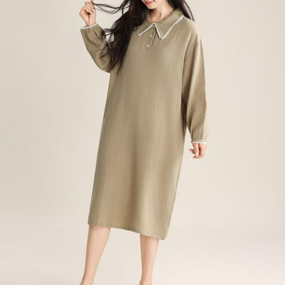 ylioge Womens Nightgowns Cute Button Collared Long Sleeve Sleepshirts Ladies Casual Solid Pullover Comfort Loungewear Homewear Dresses