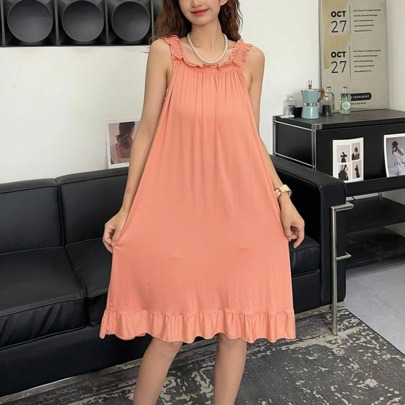 ylioge Womens Nightgowns Cute Ruffle Sleeveless Sleepshirts Soft Modal Solid Color Pullover Loungewear Homewear Pajamas Midi Dresses Summer