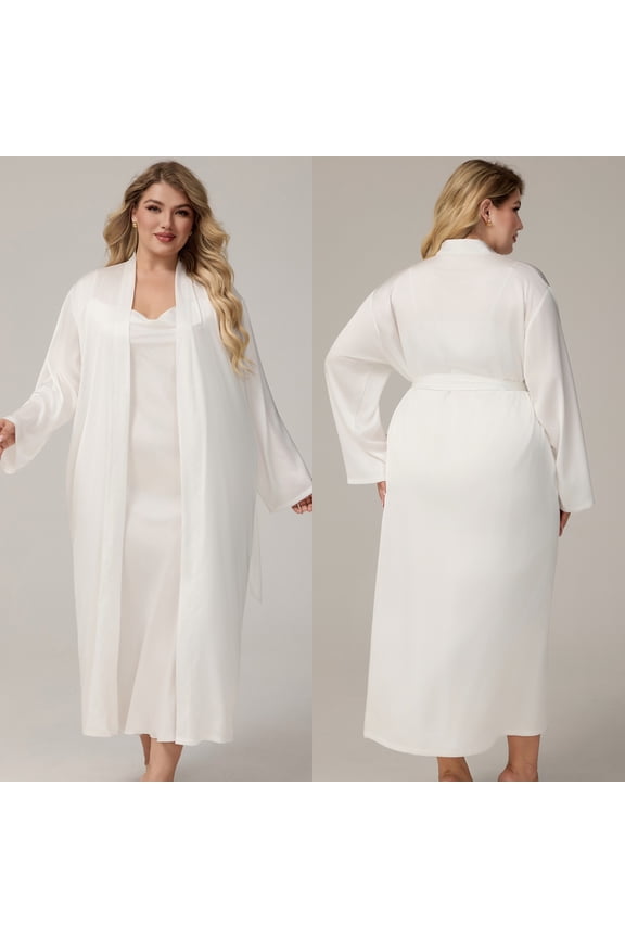 Womens Nightgowns & Robes Sets Plus Size XL-5X 2 Piece Long Sleeve Bathrobe with Belt and Nightgowns Soft Silk Satin Loungewear Pajama Set