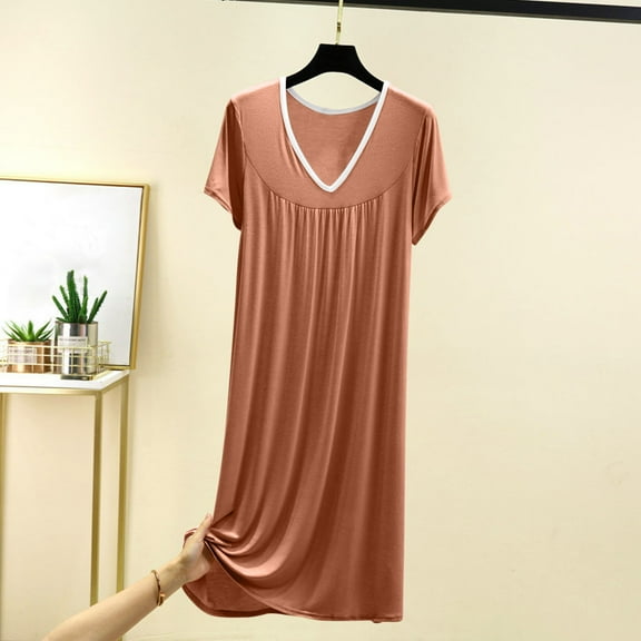 ylioge Womens Nightgowns & Sleepshirts Summer Ladies Casual Short Sleeve V Neck Pullover Solid Color Soft-Modal Loungewear Dresses