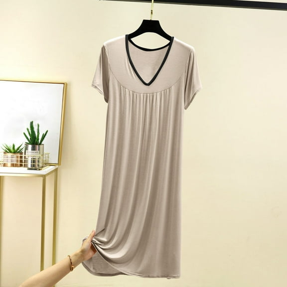 ylioge Womens Nightgowns & Sleepshirts Summer Ladies Casual Short Sleeve V Neck Pullover Solid Color Soft-Modal Loungewear Dresses