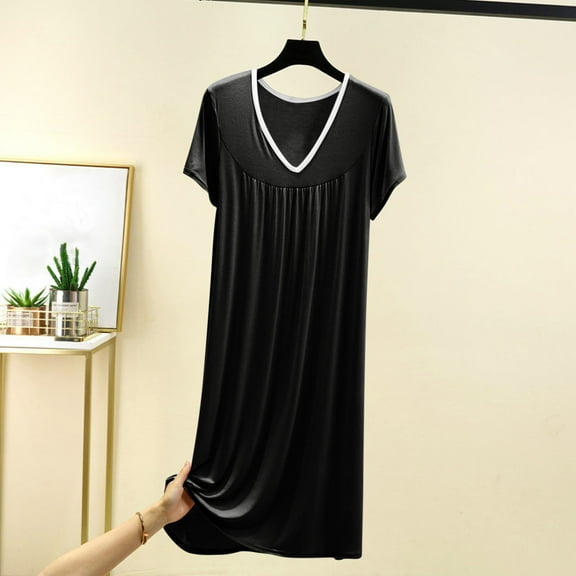 ylioge Womens Nightgowns & Sleepshirts Summer Ladies Casual Short Sleeve V Neck Pullover Solid Color Soft-Modal Loungewear Dresses