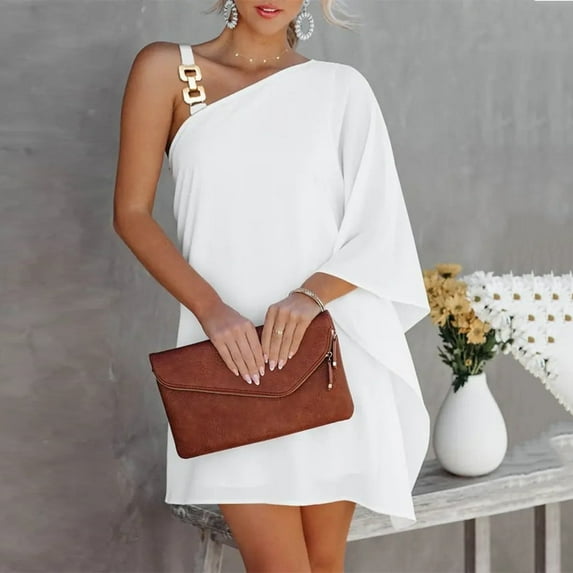 ylioge Womens One Shoulder Dresses Trendy Spaghetti Strap Batwing-Sleeve Casual Solid Color Loose Comfort Elegant Wedding Guest Mini Dress