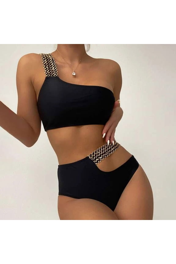 Womens One Shoulder Swimsuits Tankini Separates Two Piece Bikini Sets Ladies Trendy Solid High Waisted Diving Swimming Bathing Suits