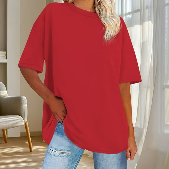 ylioge Womens Oversized T Shirts Plus Size S-5X Short Sleeve Crewneck Tunic Tops Ladies Casual Solid Color Loose Pullover Basic Tees Tops