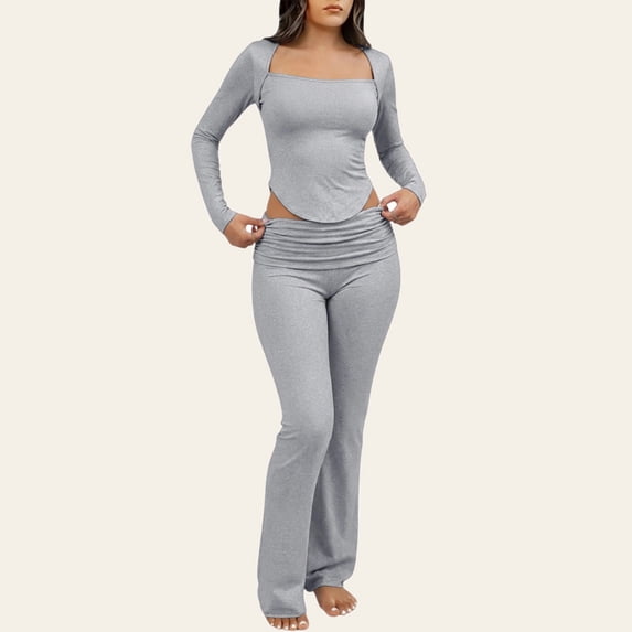 ylioge Womens Pajama Sets 2 Piece Loungewear Yoga Outfits Trendy Solid Color Stretchy Slim Long Sleeve Cropped Tops Bootcut Pants Homewear Pajamas Set