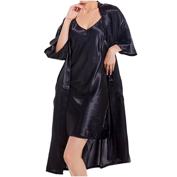 ylioge Womens Pajama Sets 2 Piece Satin Robes and Nightgowns Set Ladies Lightweight Solid Color 3/4 Sleeve Bathrobes Sleeveless Nightgowns