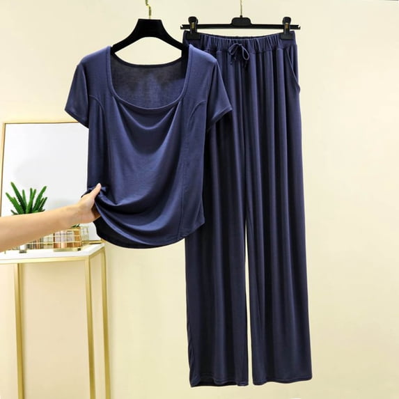 ylioge Womens Pajama Sets with Pockets Lightweight 2 Piece Loungewear Outfits Casual Solid Color Soft-Modal Short Sleeve Tops Wide Leg Pants Pajamas