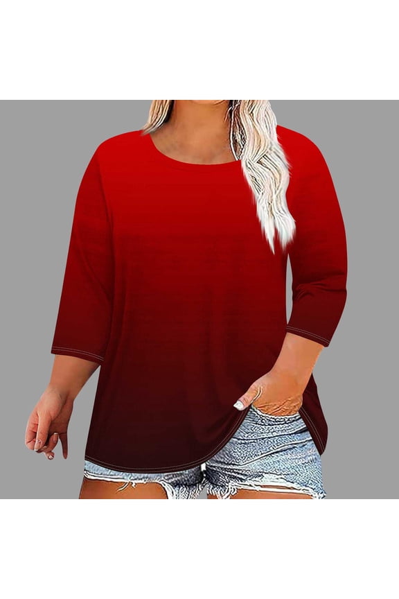 Womens Plus Size 3/4 Sleeve T Shirts L-5X Crewneck Tees Tops Ladies Trendy Gradient Printed Pullover Basic Loungewear Beach Work Tshirts Shirt