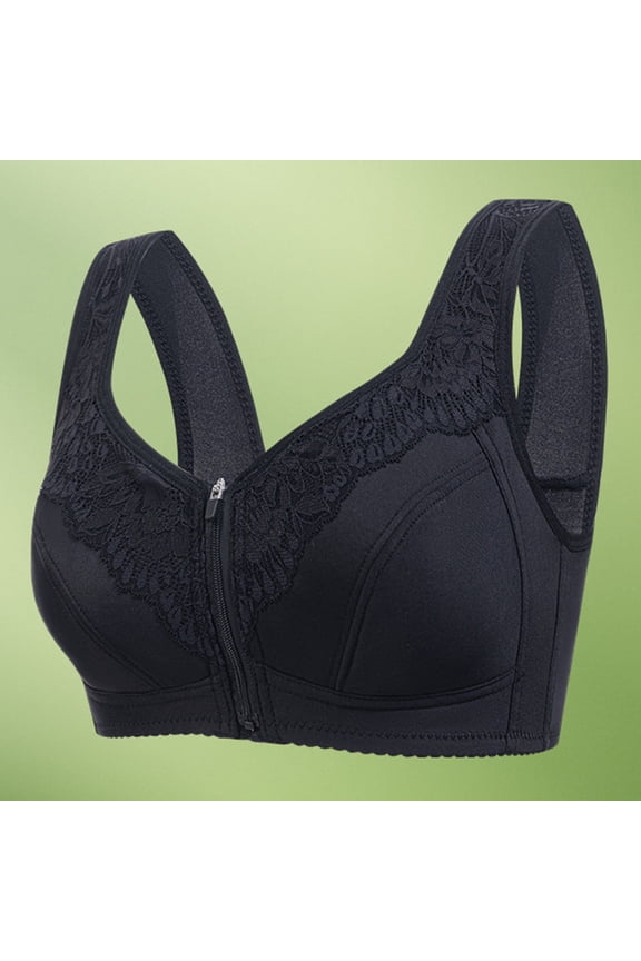Womens Plus Size Bras Zipper Front Closure Wireless Push Up Bralettes Lightweight Lace Splice Breathable Back-Smoothing Sleep Underwear Bra