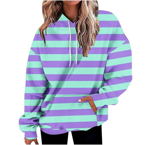 ylioge Womens Plus Size Hoodies S-5X Pullover Fleece Lined Sweatshirts with Front Pocket Trendy Long Sleeve Stripe Printed Thermal Warm Hoodie Tops