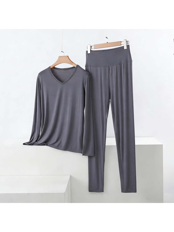 Womens Plus Size Pajama Sets M-5X 2 Piece Long Sleeve Tops and Pants Loungewear Outfits Casual Solid Color Soft-Modal Homewear Pajamas Set