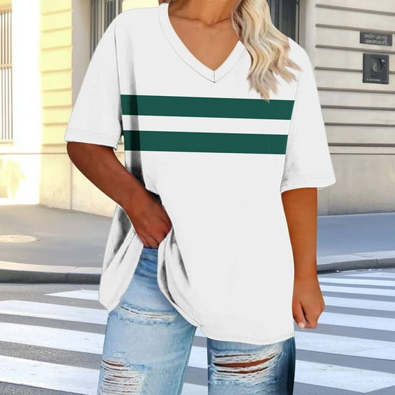 ylioge Womens Plus Size T Shirts S-5X Short Sleeve Tops Ladies Casual Color Block Pullover V Neck Breathable Going-Out Workout Tees Top