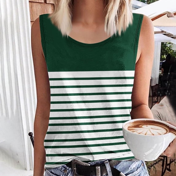 ylioge Womens Plus Size Tank Tops S-5X Sleeveless Crewneck Vests Ladies Casual Stripe Printed Pullover Breathable Going-Out Loungewear Camisoles Top