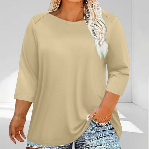 ylioge Womens Plus Size Tops L-5X 3/4 Sleeve Crewneck T Shirts Ladies Casual Solid Color Breathable Pullover Basic Loungewear Tees Top
