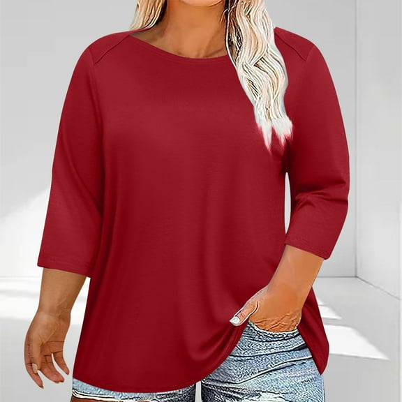 ylioge Womens Plus Size Tops L-5X 3/4 Sleeve Crewneck T Shirts Ladies Casual Solid Color Breathable Pullover Basic Loungewear Tees Top