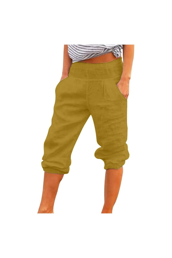 Womens Relaxed Fit Trousers Pockets Linen High Waist Lounge Tapered Pants Summer Going Out Capri Solid Color Trousers Pantalones