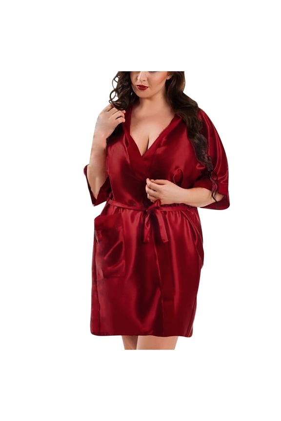Womens Robes with Pockets and Belt Short Sleeve Bathrobes Ladies Casual Solid Color Soft Silk Satin Loungewear Bath Robe
