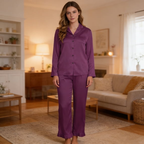 ylioge Womens Satin Pajama Sets Lightweight Solid Color 2 Piece Homewear Outfits Casual Solid Color Long Sleeve Shirts Straight Leg Pants Pajamas Set
