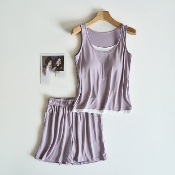 ylioge Womens Short Pajama Sets Built in Bras 2 Piece Casual Lightweight Sleeveless Tank Tops Wide Leg Shorts Solid Color Homewear Sleepwear Pajamas