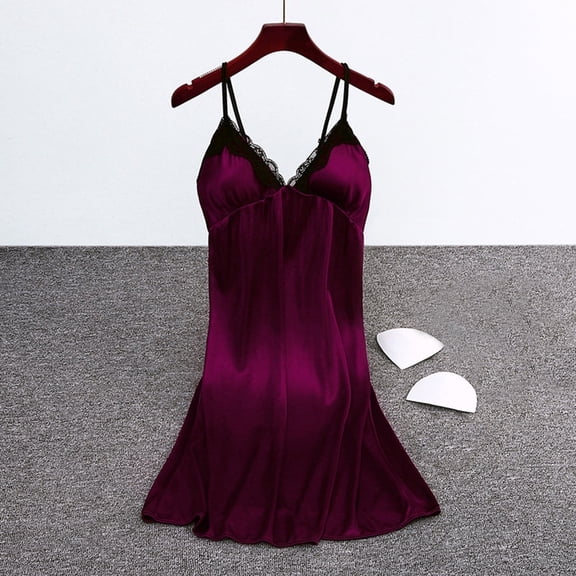 ylioge Womens Silk Nightgowns Built in Bras Lace Splice V Neck Mini Pajama Dresses Ladies Trendy Solid Spaghetti Strap Homewear Sleepshirts