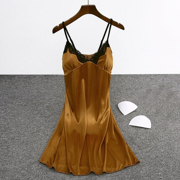 ylioge Womens Silk Nightgowns Built in Bras Lace Splice V Neck Mini Pajama Dresses Ladies Trendy Solid Spaghetti Strap Homewear Sleepshirts