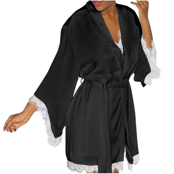 ylioge Womens Silk Pajama Sets 2 Piece Nightgowns and Robes Outfits Ladies Lightweight Solid Color Long Sleeve Bathrobes and Dresses Set