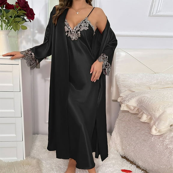 ylioge Womens Silk Satin Pajama Sets 2 Piece Outfits Ladies Trendy Solid Lightweight Long Sleeve Robes and Nightgowns Loungewear Set