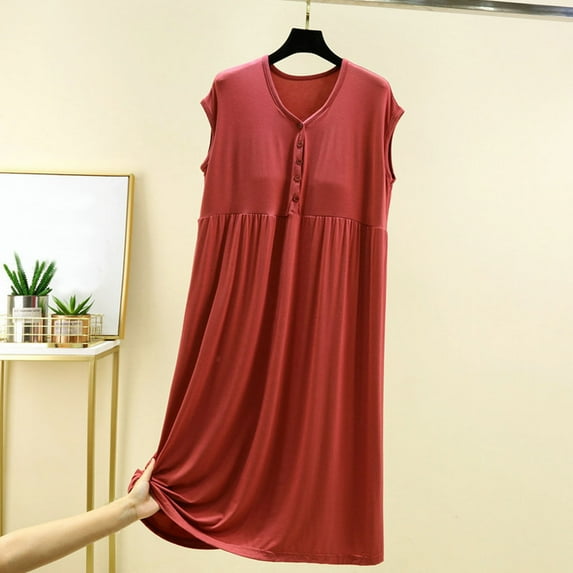 ylioge Womens Sleeveless Nightgowns Built in Bras Soft-Modal Pullover Sleepshirts Ladies Casual Solid Button V Neck Loungewear Midi Dresses