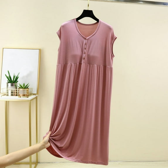 ylioge Womens Sleeveless Nightgowns Built in Bras Soft-Modal Pullover Sleepshirts Ladies Casual Solid Button V Neck Loungewear Midi Dresses