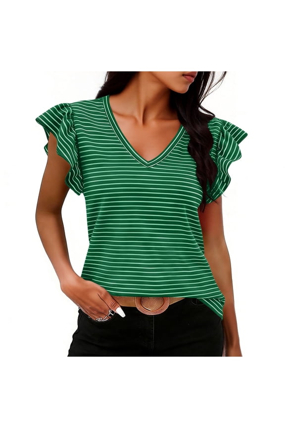 Womens Striped Tops Cute Summer Ruffled Flutter Sleeve T-Shirts for Women Pullover V Neck Blouses Top