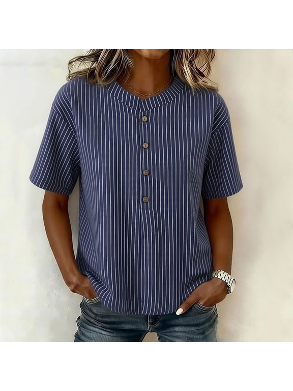 Womens Summer Tops M-4X Plus Size Short Sleeve Tshirts Shirts for Women Lightweight Button Crewneck Striped Blouses Top
