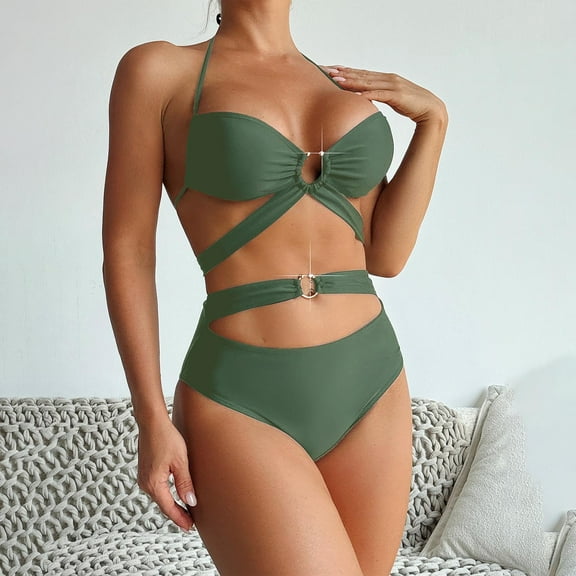 ylioge Womens Swimsuits Bikini Separates Bathing Suits Trendy Solid High Waisted Tie Backless Beach Built in Bras Swimwear Sets