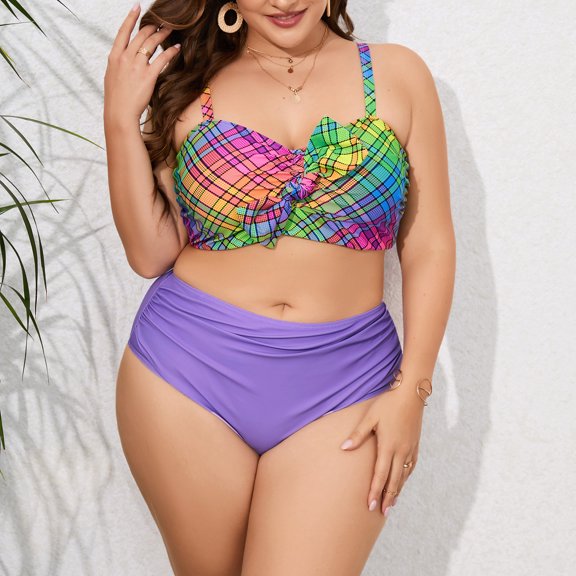 ylioge Womens Swimsuits Plus Size L-5XL Two Piece Tankini Bathing Suits Ladies Trendy Plaid Printed High Waisted Swimwear Sets