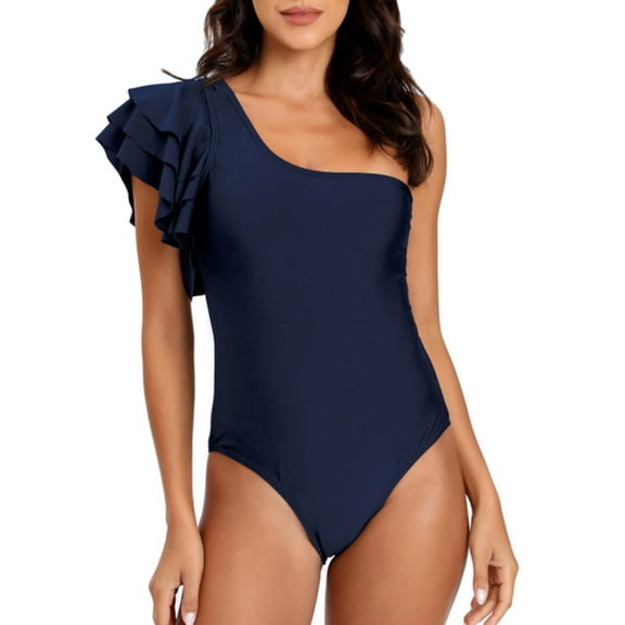 ylioge Womens Swimsuits Tankini One Shoulder One-Piece Bathing Suits Layered Ruffle Sleeve Ladies Trendy Solid Color Slim-Fit Swimsuit