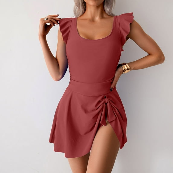 ylioge Womens Tankini One-Piece Ruffle Sleeveless Dresses Swimsuits Ladies Casual Solid Color Side Slit Crewneck Bathing Suits