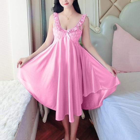ylioge Womens V Neck Nightgowns Silk Satin Sleeveless Pajama Dresses Ladies Trendy Lightweight Solid Loose Comfort Homewear Sleepshirts