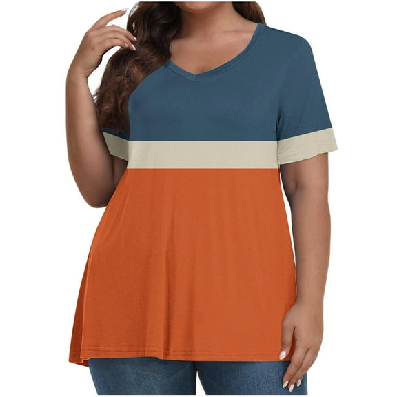 ylioge Womens V Neck Tees Tops Plus Size XL-5X Short Sleeve T Shirts Ladies Casual Color Block Pullover Basic Oversized Loungewear Blouses Top