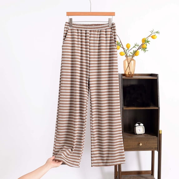 ylioge XL-4X Plus Size Pajama Pants for Women with Pockets Straight Wide Leg Trousers Womens Casual Stripe Printed Elastic Waist Homewear Pajamas Pant