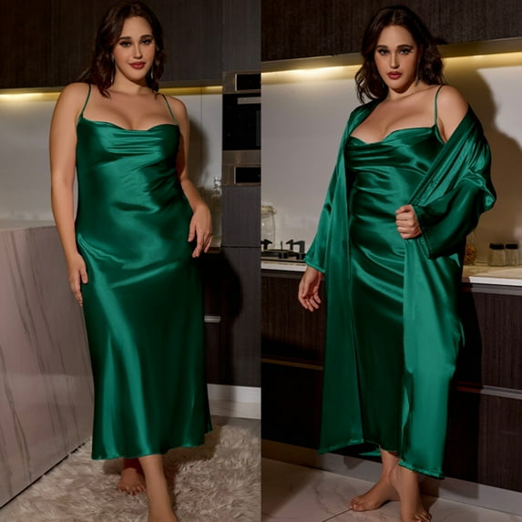 ylioge XL-5X Plus Size Nightgowns & Robes Sets for Women with Belt Lightweight Silk Satin Long Sleeve Robe Sleeveless Sleepshirts 2 Piece Pajama Set