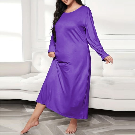 ylioge XL-5X Plus Size Nightgowns for Women Long Sleeve Crewneck Sleepshirts Womens Casual Solid Color Loose Pullover Long Length Homewear Nightgown