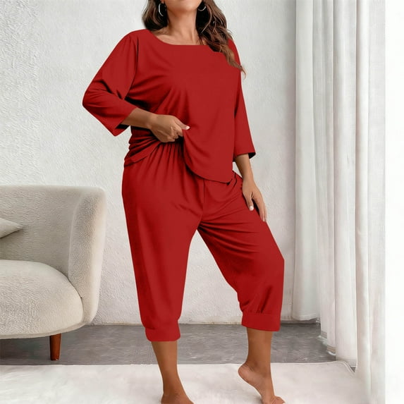 ylioge XL-5X Plus Size Pajama Sets for Women 2 Piece 3/4 Sleeve Tops and Capris Pants Casual Solid Color Comfortable Loungewear Homewear Pajamas