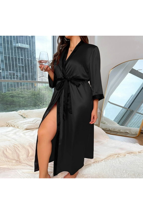 XL-5X Plus Size Silk Robes for Women with Belt Long Sleeve Bathrobes Lightweight Color Block Open Front Long Length Homewear Bath Robe Pajamas