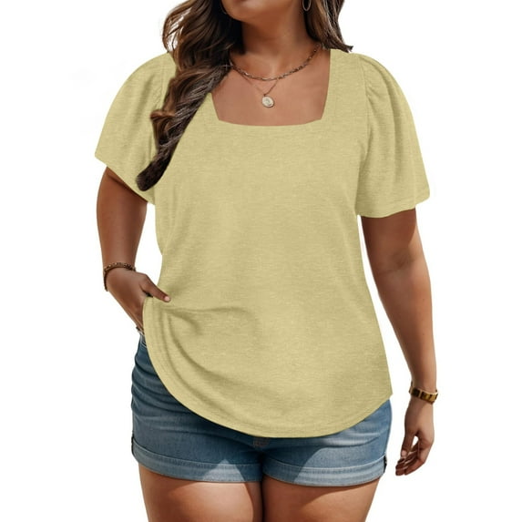 ylioge XL-5X Plus Size T Shirts for Women Short Puffed Sleeve Tees Tops Womens Casual Solid Color Pullover Square-Neck Basic Going-Out Blouses Top